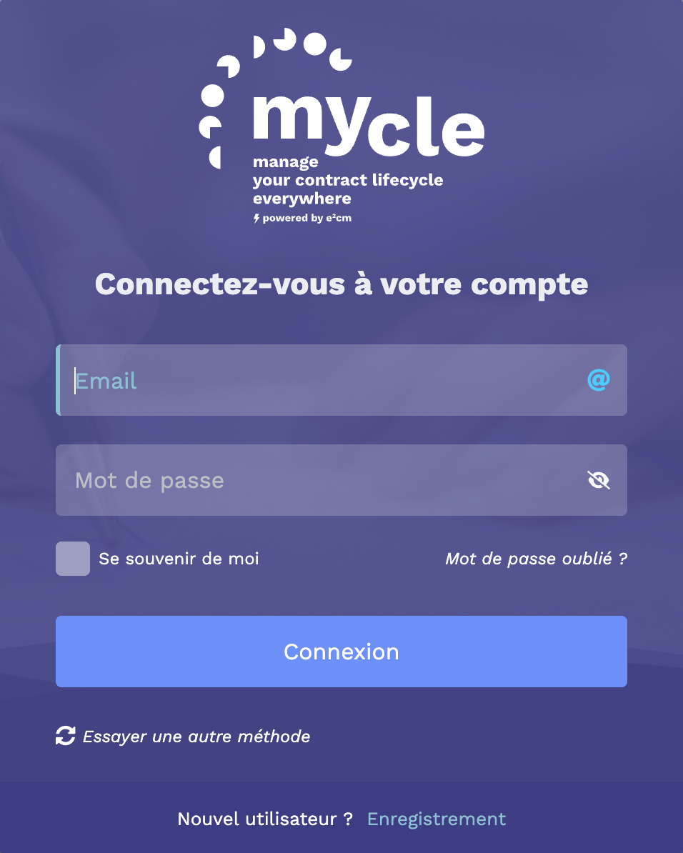 Écran de connexion de Mycle avec le lien Enregistrement en bas de la carte