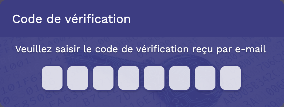 Fenêtre Code de vérification : huit cases pour le code reçu par e-mail