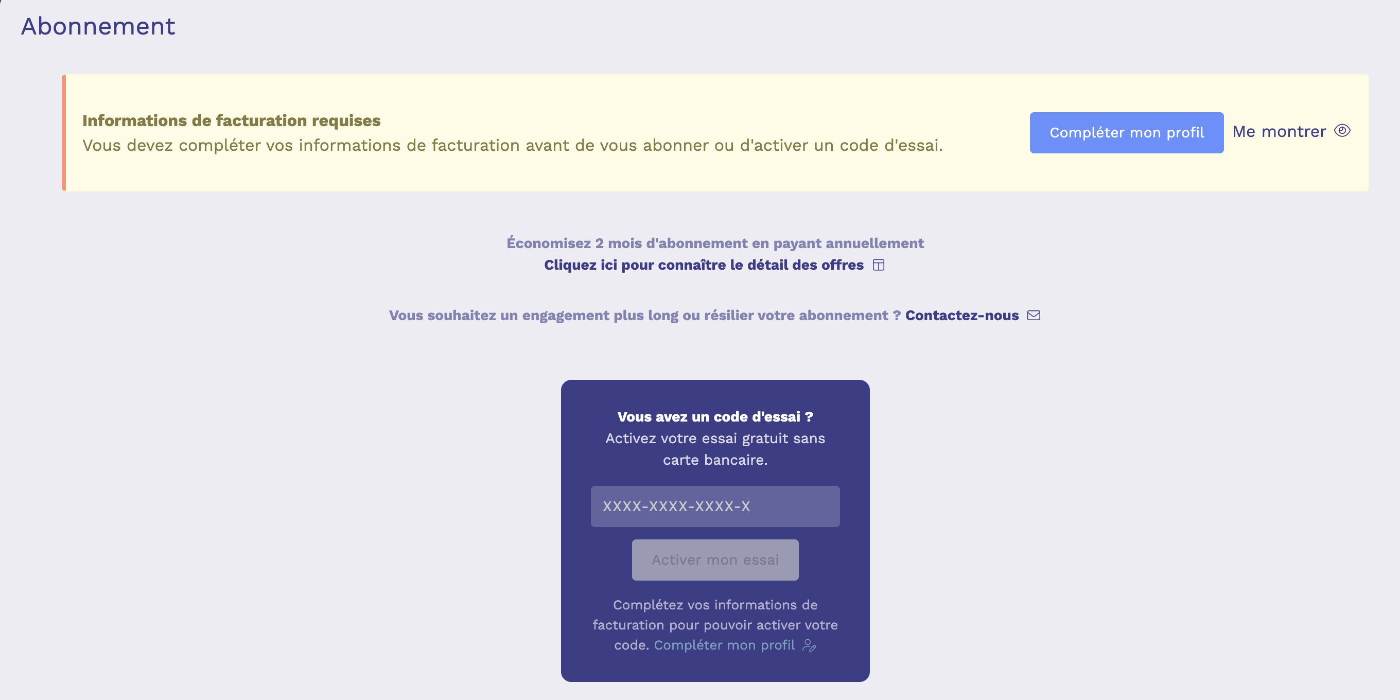 Page Abonnement à la première connexion : bandeau Informations de facturation requises